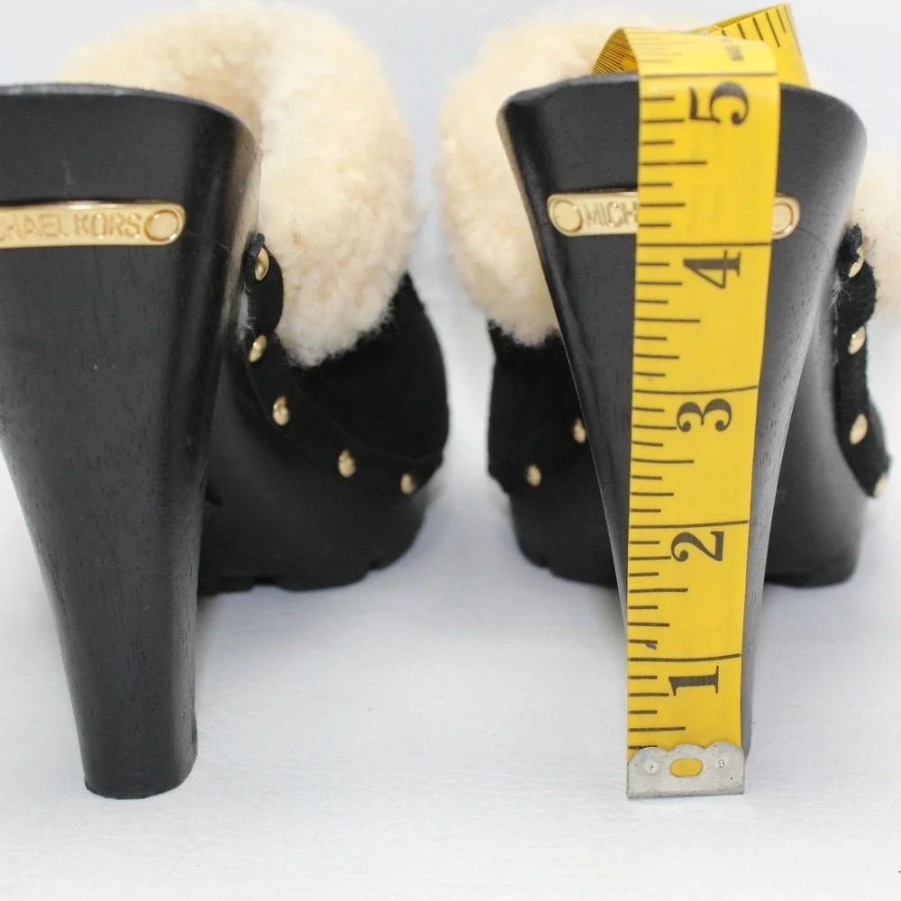 Michael Kors Black Suede‎ Shearling Trim Studded Platform Clogs Heels 8.5M NWOB